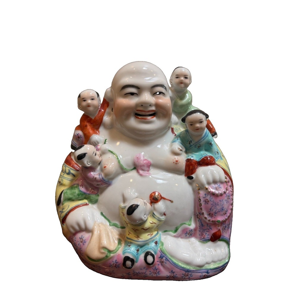 Vintage Chinese Famille Rose Porcelain Laughing Buddha 5 Children Statue 8.5"